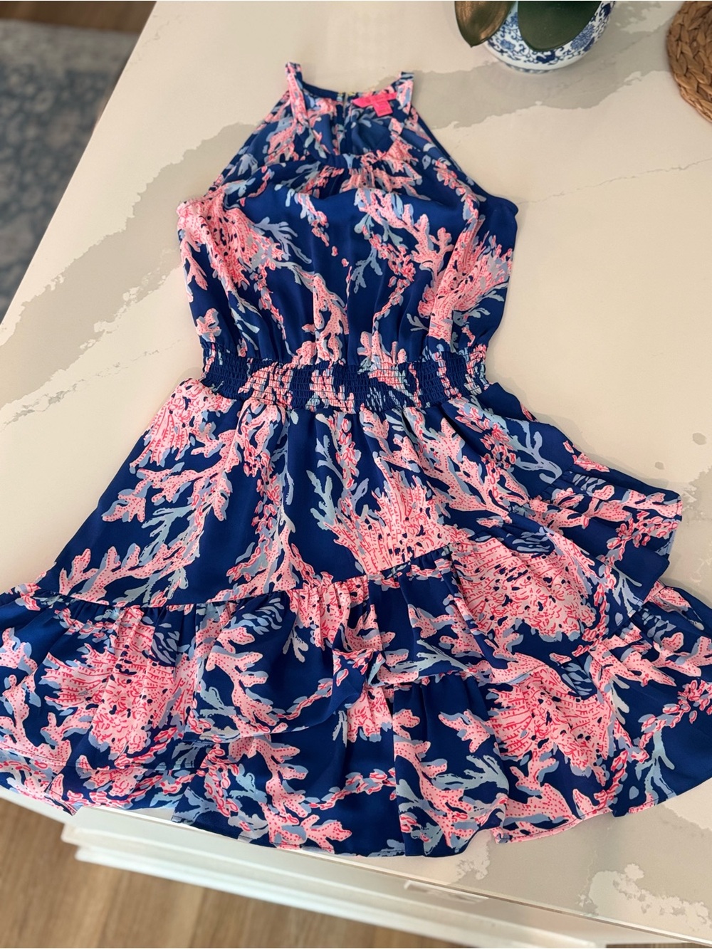 Lilly Pulitzer | Blue/Coral Dress with Coral Print | Size 4